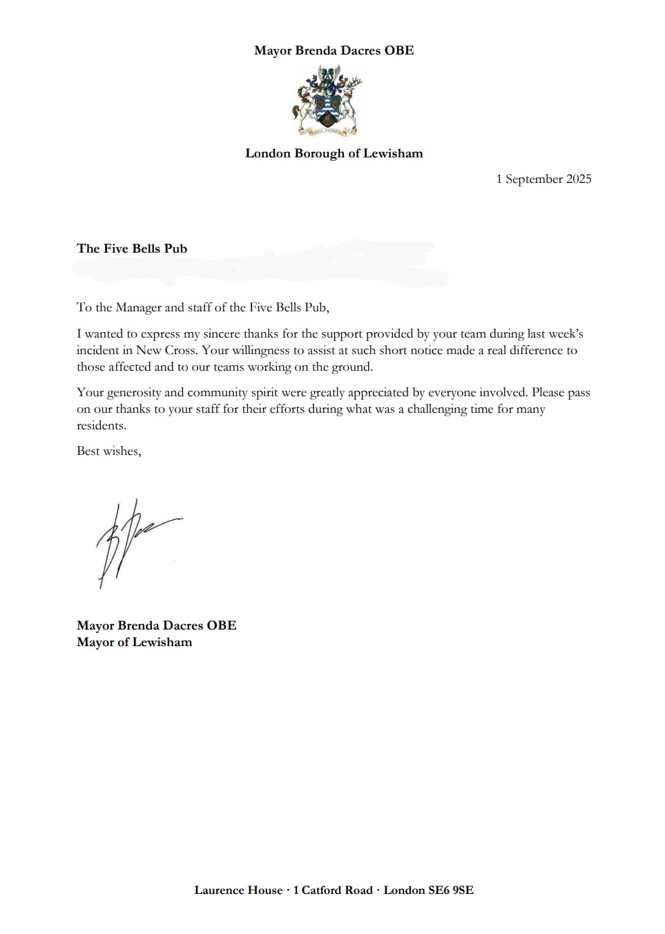 Mayor's Recognition Letter